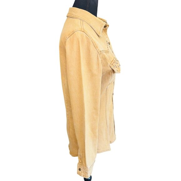 Diane Gilman DG2 Tan Denim Shirt Jacket Studded Western Cowgirl Distress Shacket - Picture 3 of 10